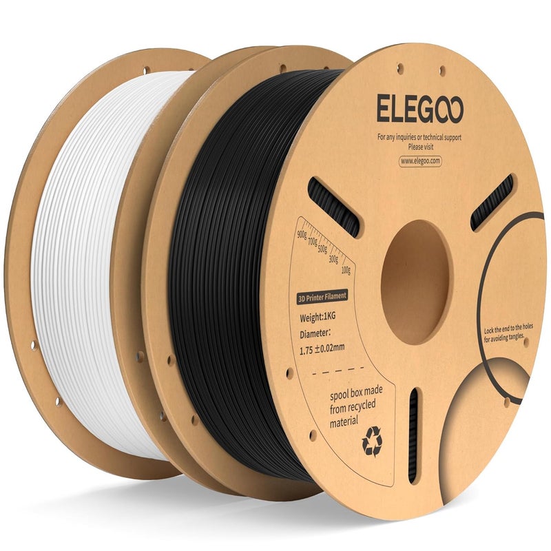 ELEGOO خيوط PLA Plus 1.75 مم أسود وأبيض 2 كجم، PLA+ أقوى وأصلب خيوط طابعة ثلاثية الأبعاد بدقة أبعاد +/- 0.02 مم، عبوة مزدوجة 1 كجم (2.2 رطل) تناسب معظم طابعات FDM ثلاثية الأبعاد - Image 1